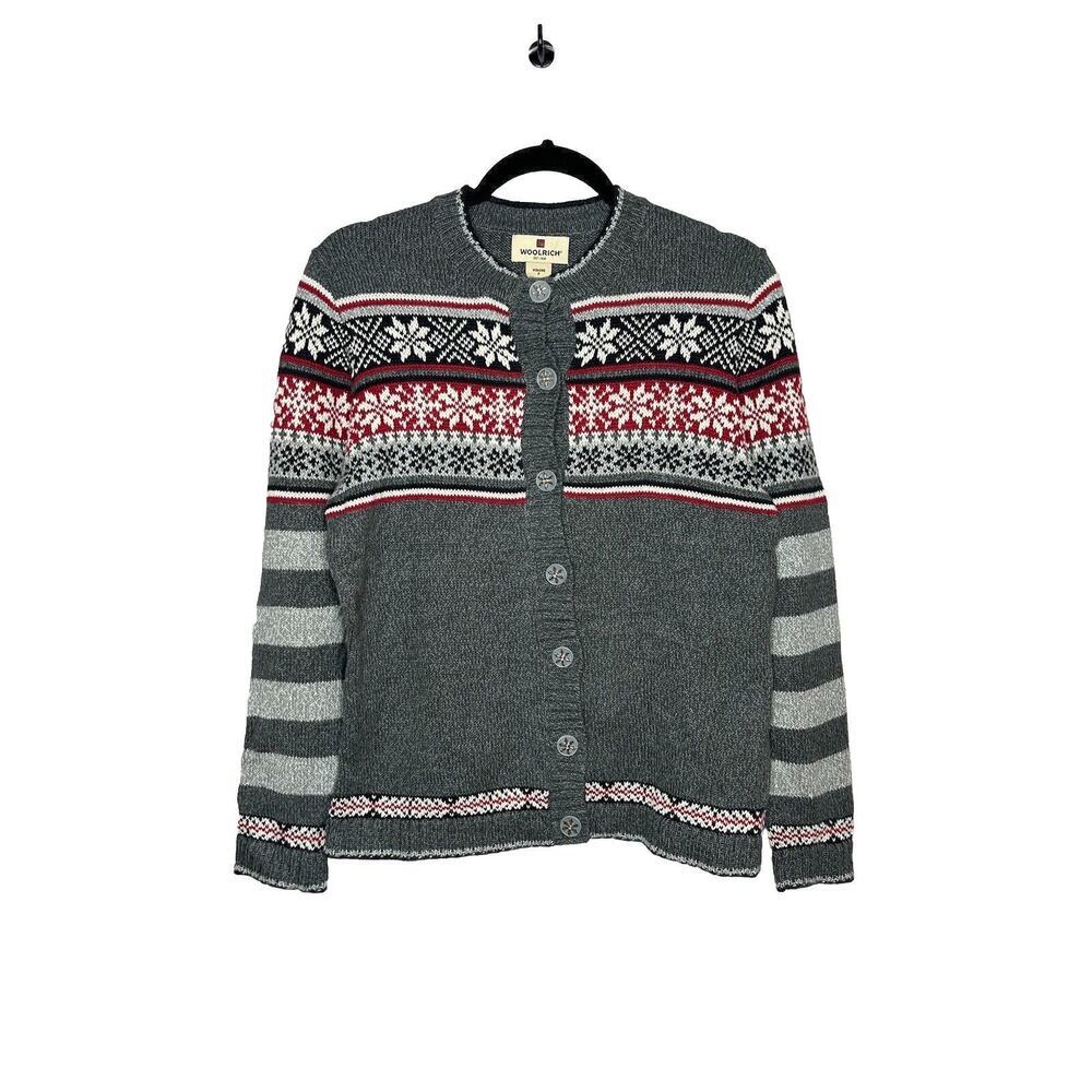 Woolrich Gray Red Black Cardigan Sweater Fair Isle Snowflakes Buttons Small